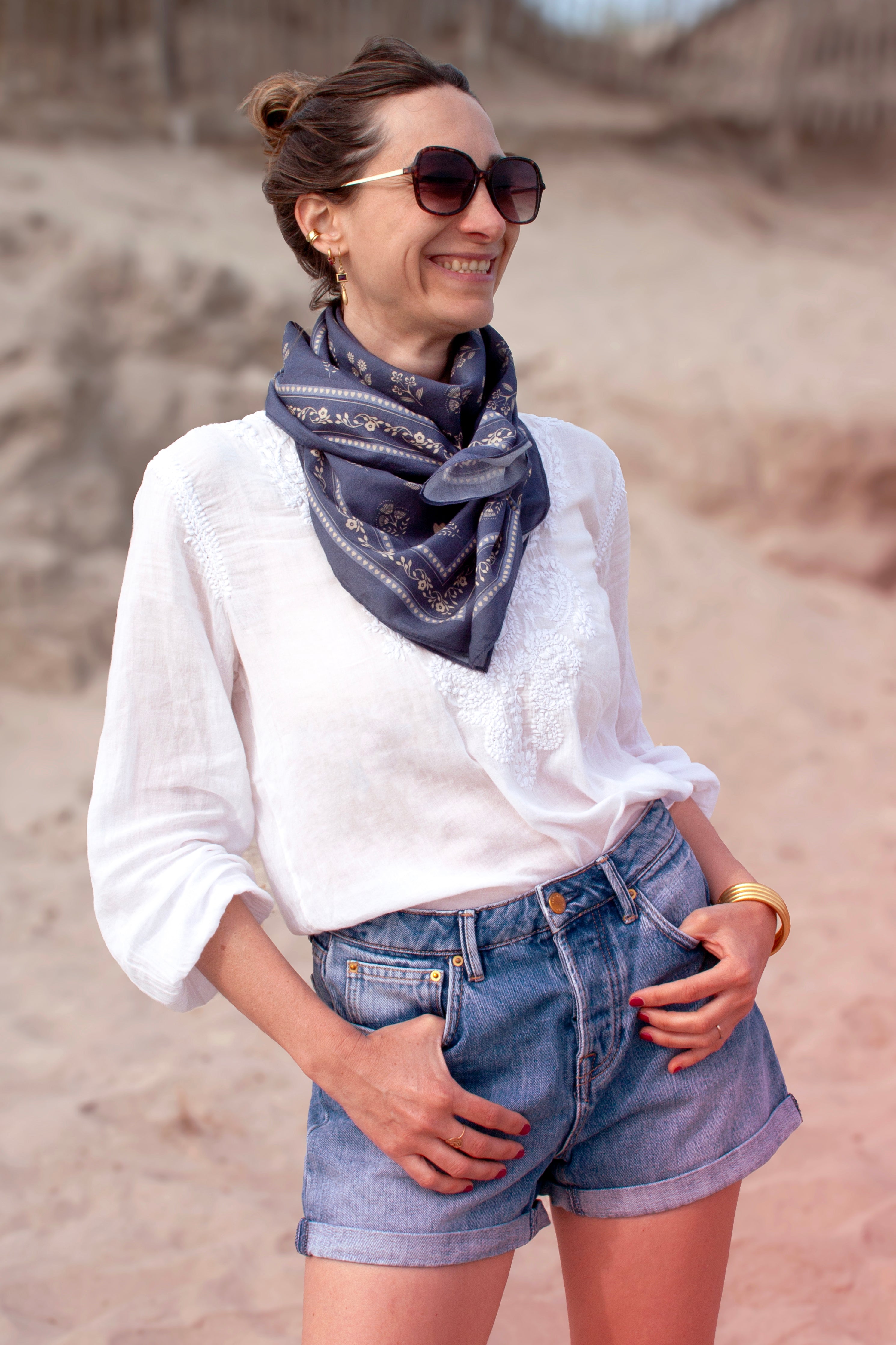 Grand foulard coton - Fleurs Indiennes bleu