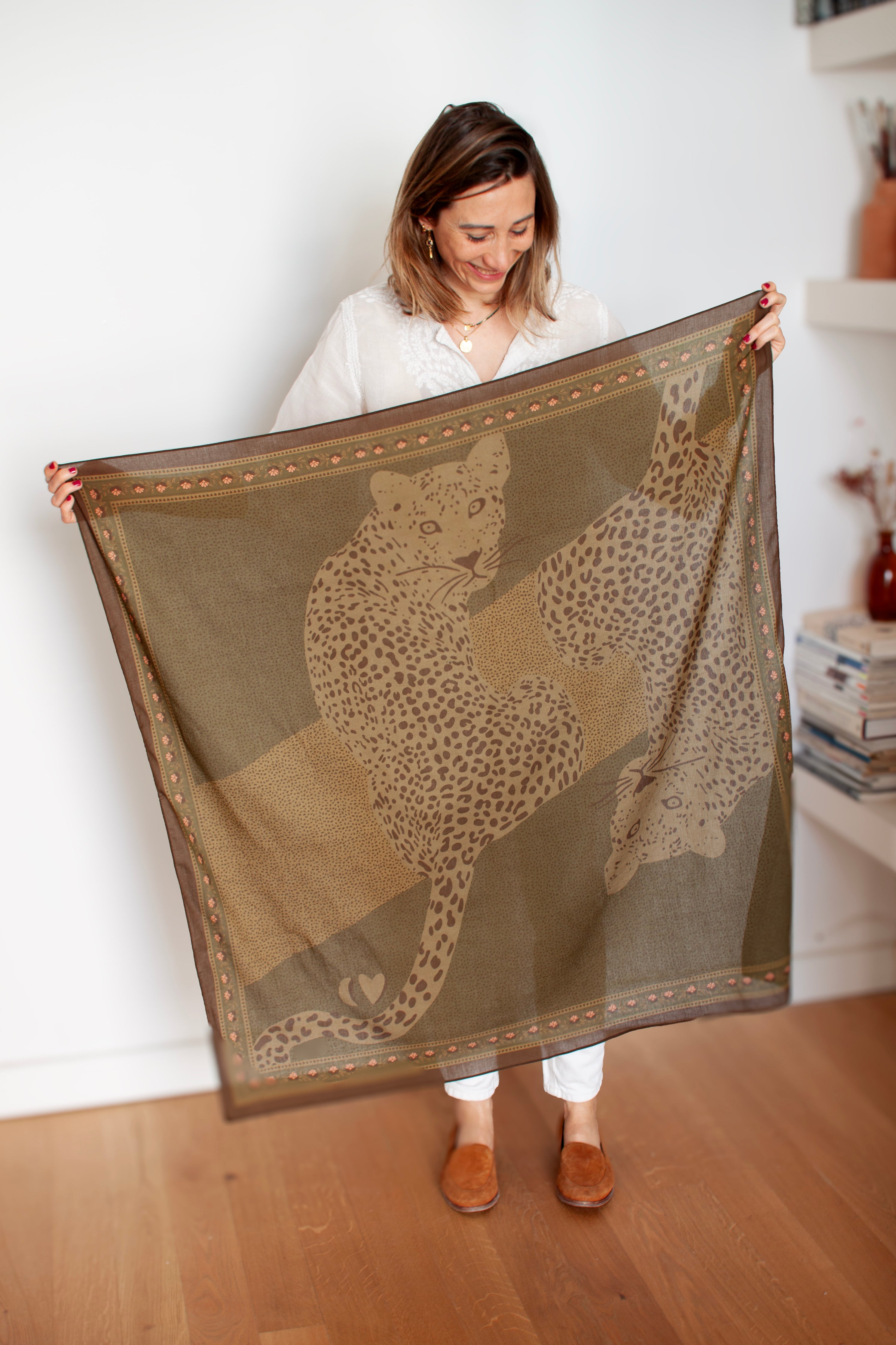 Grand foulard coton - Léopards kaki