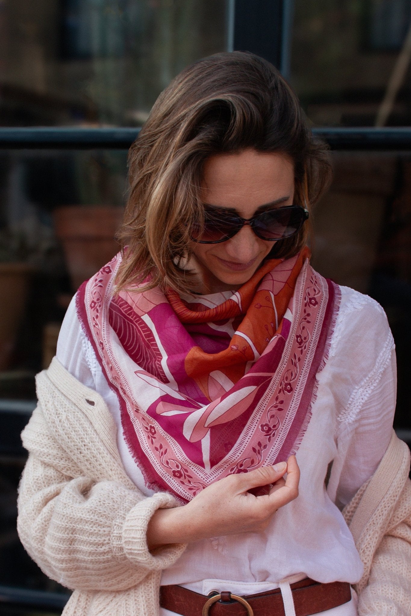 Foulard coton bio - Leaves - Magenta - boulbar.fr