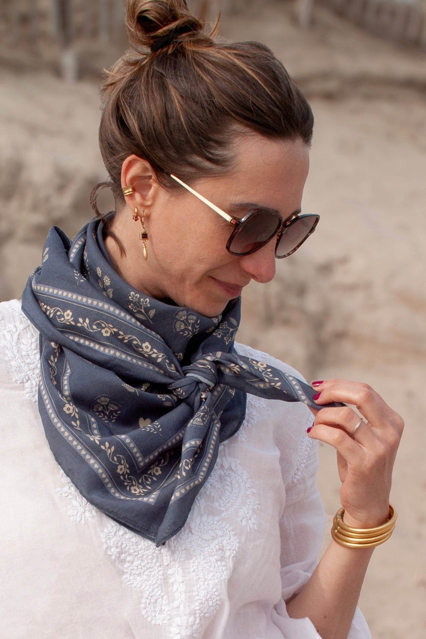 Grand foulard coton - Fleurs Indiennes bleu - boulbar.fr