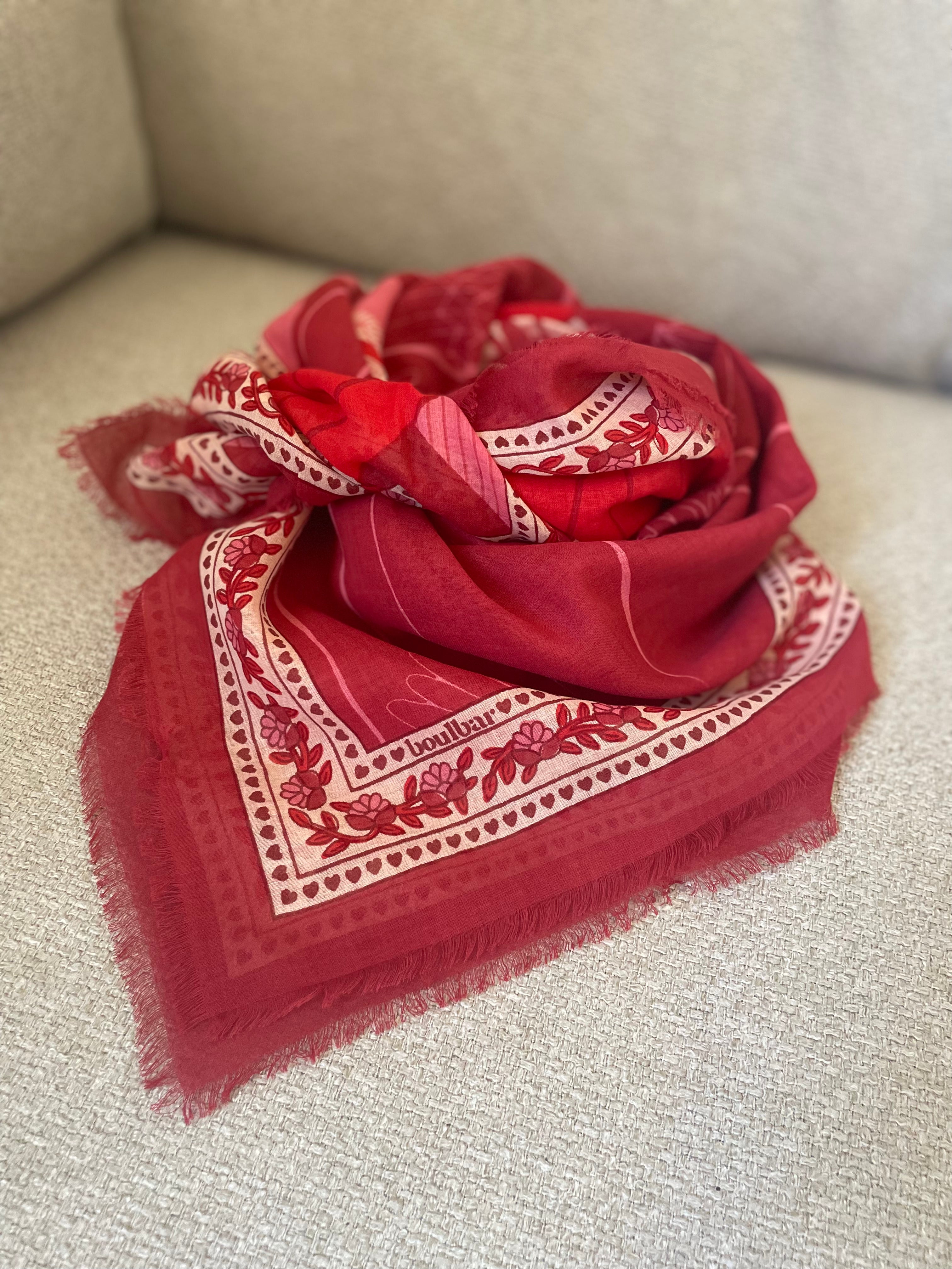 Grand foulard voile de coton méduses framboise