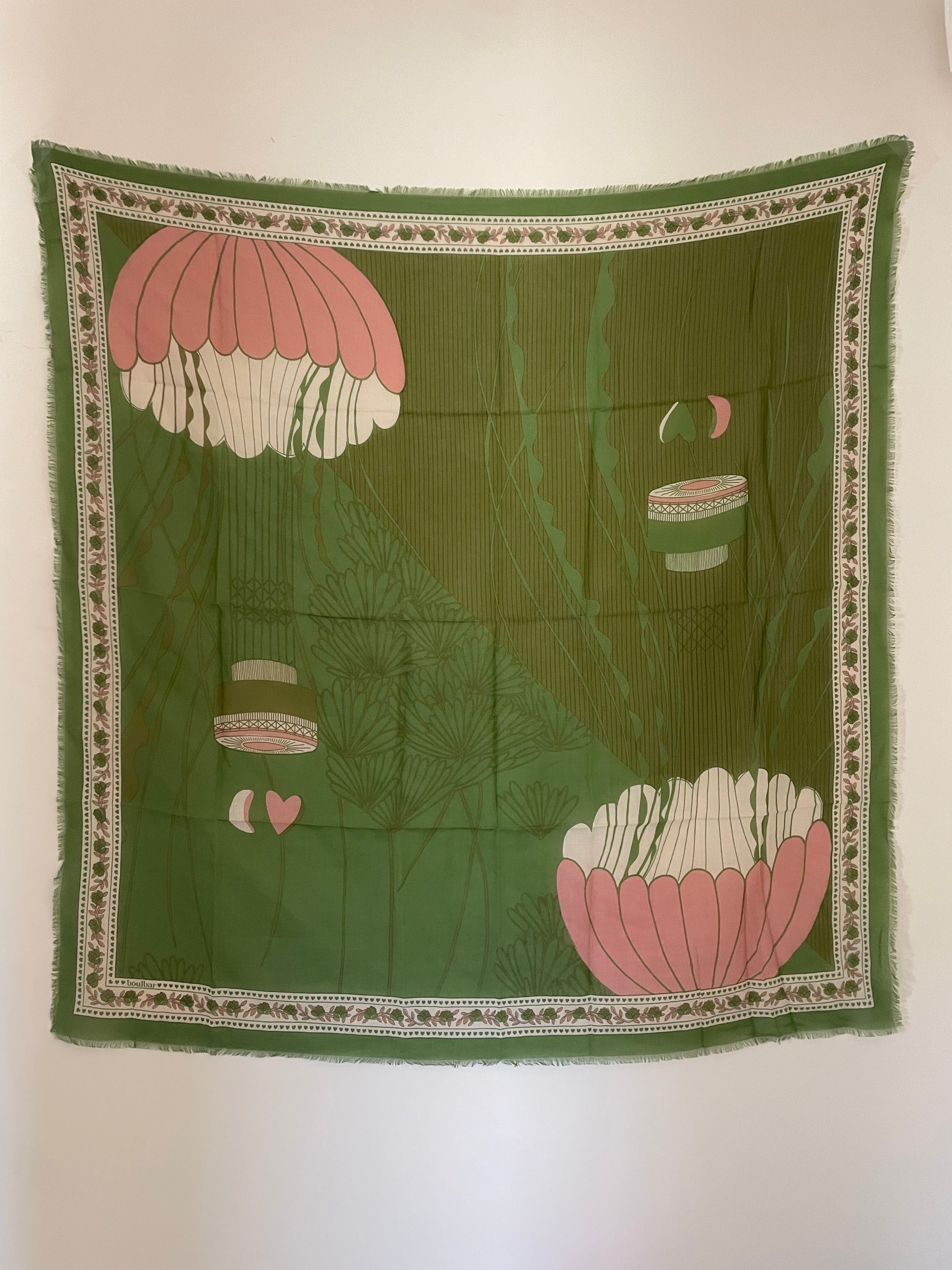 Grand foulard voile de coton méduses vert