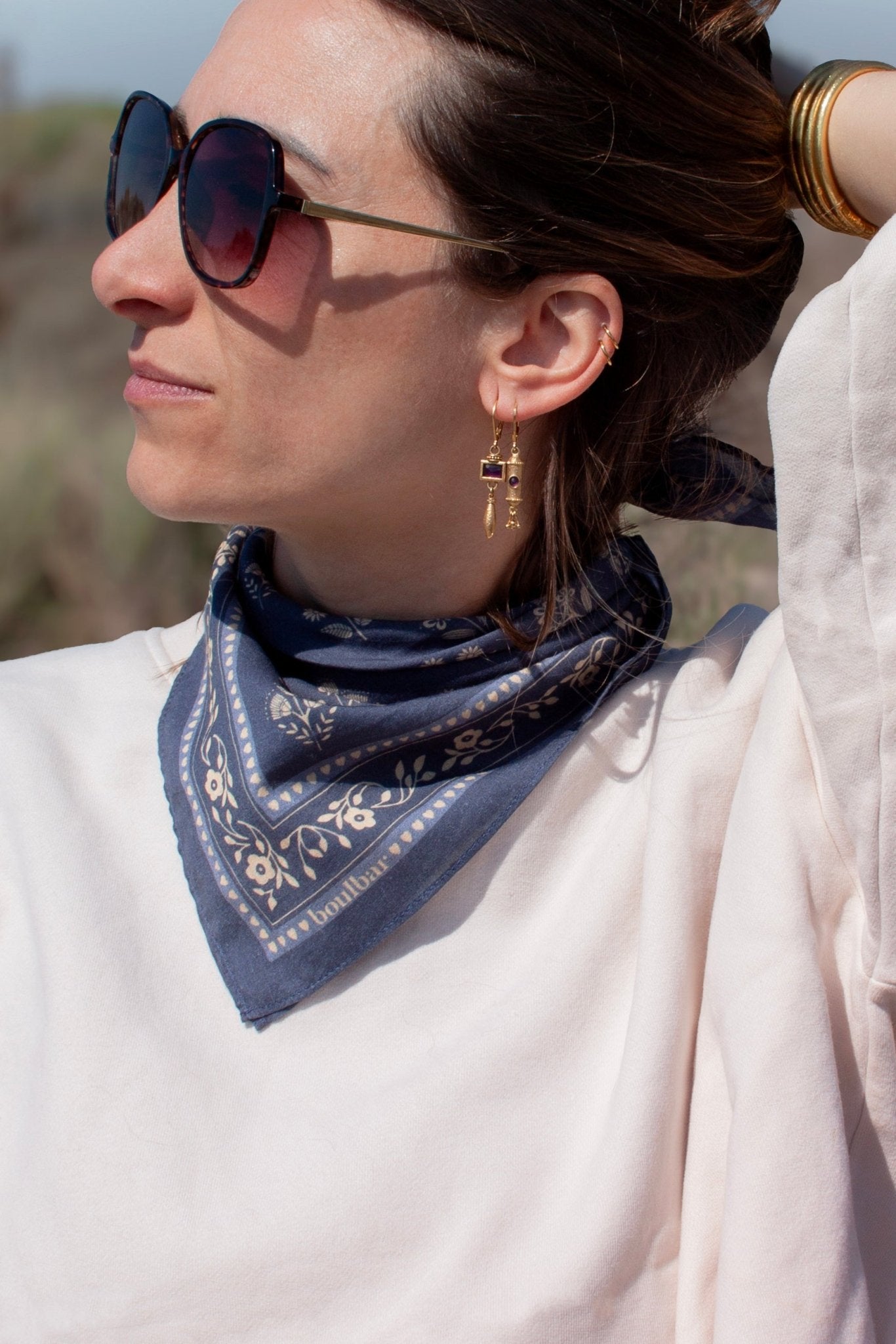 Petit foulard coton - Fleurs Indiennes bleu - boulbar.fr