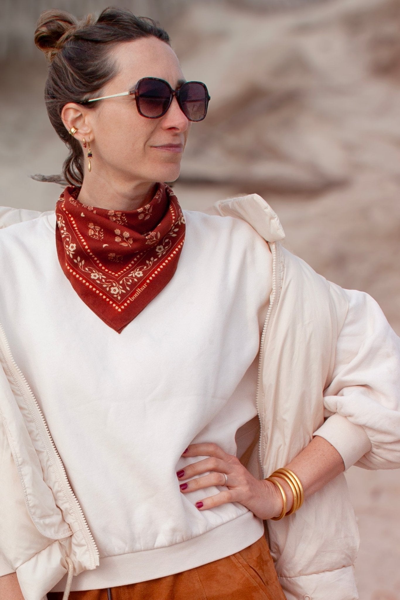 Petit foulard coton - Fleurs Indiennes brique - boulbar.fr