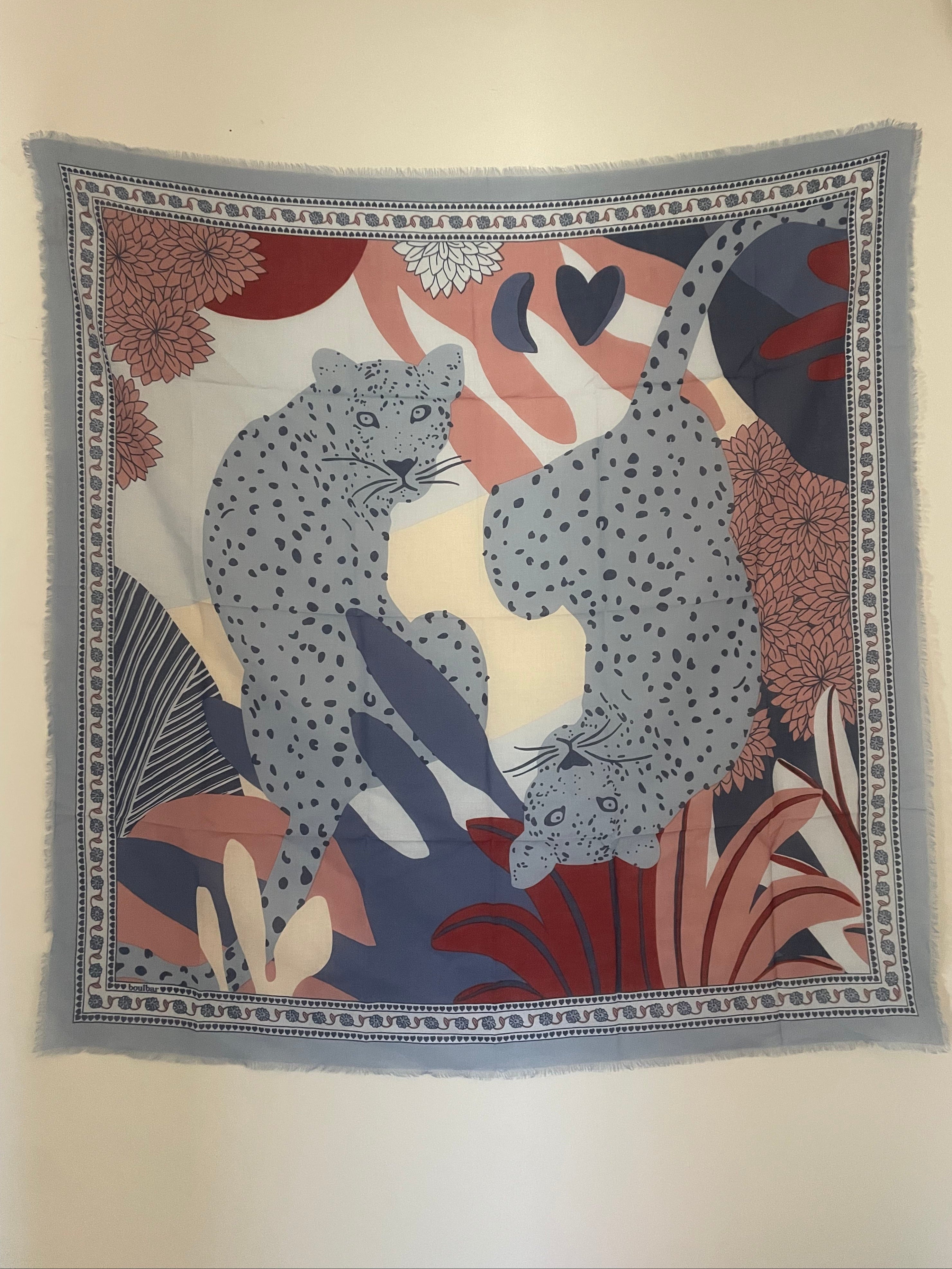 Grand foulard voile de coton - Léopards bleu