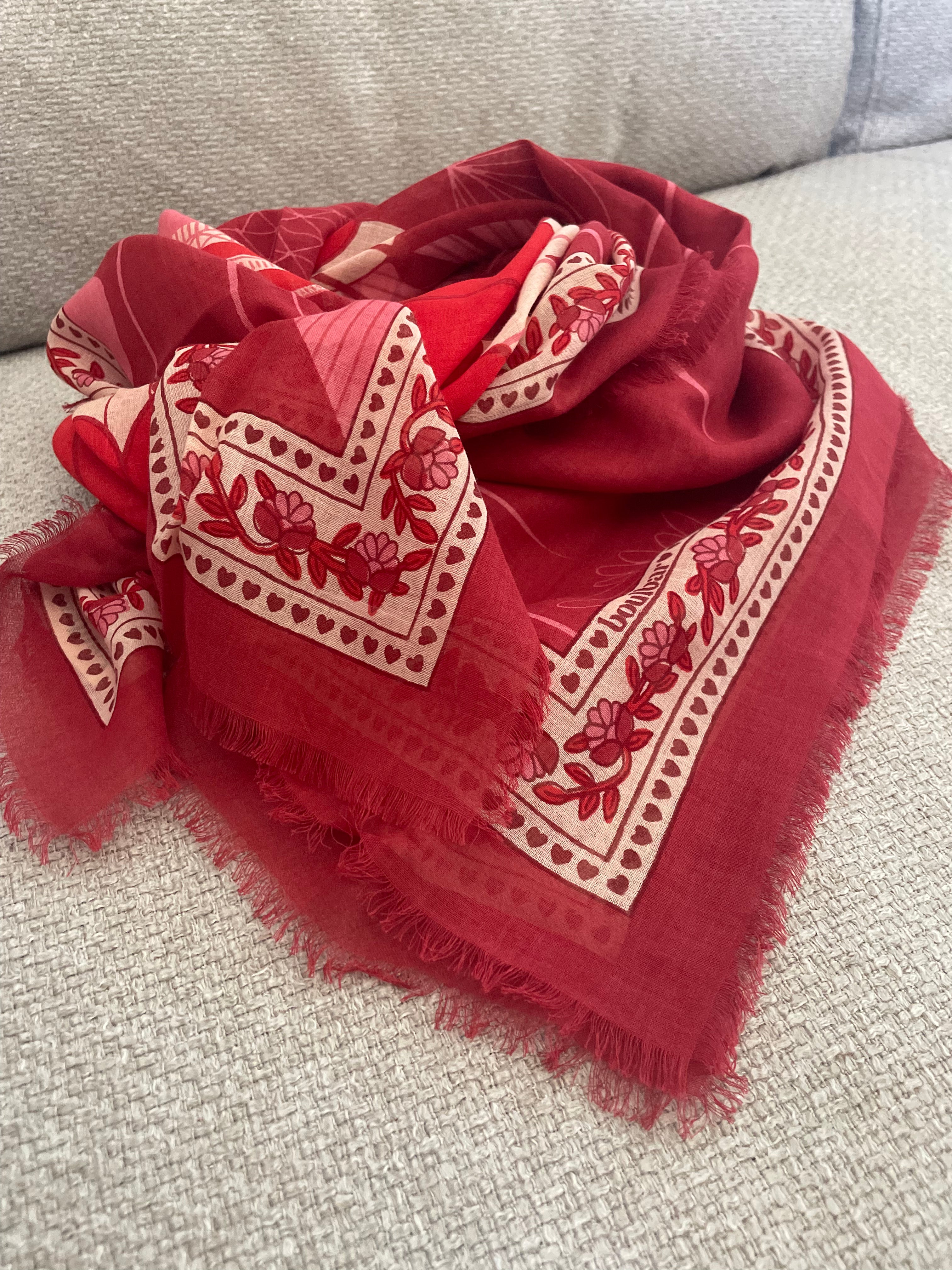 Grand foulard voile de coton méduses framboise