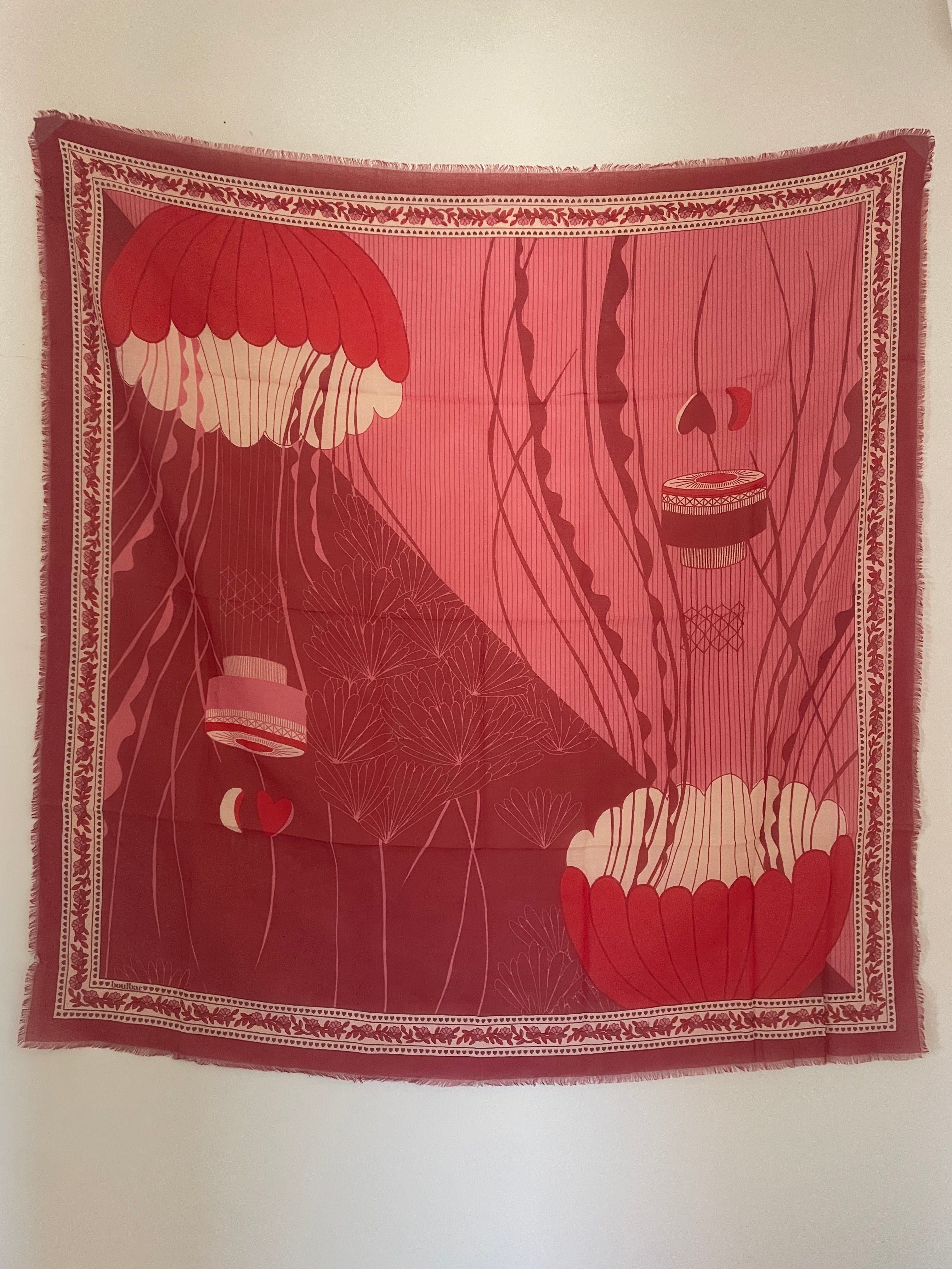 Grand foulard voile de coton méduses framboise