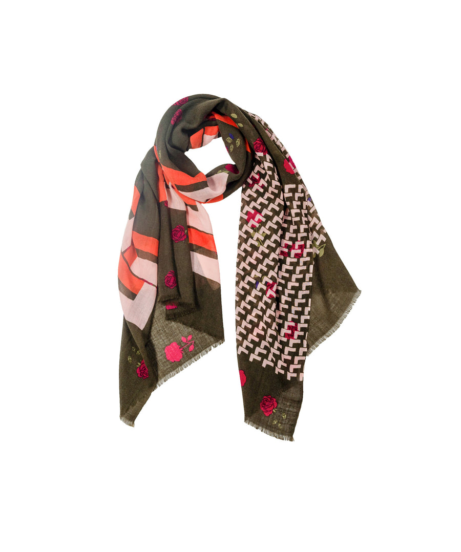 Wool Scarf - Roses - Khaki